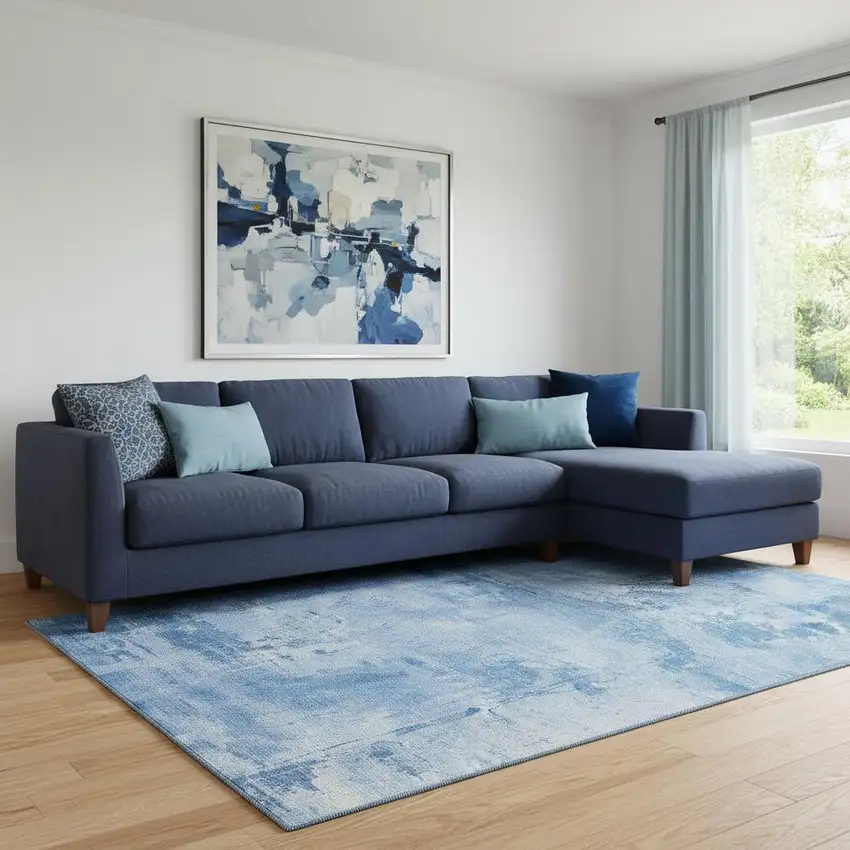 Navy Blue And Sky Blue Abstract Washable Area Rug With UV Protection Photo 2