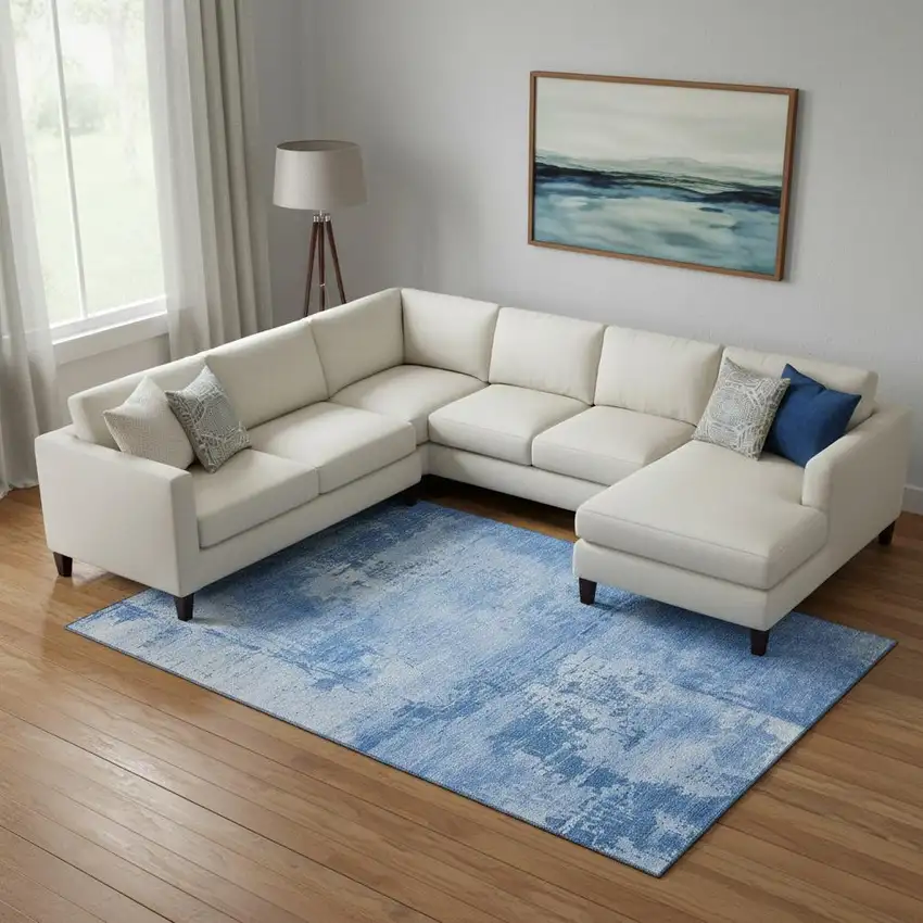 Navy Blue And Sky Blue Abstract Washable Area Rug With UV Protection Photo 2