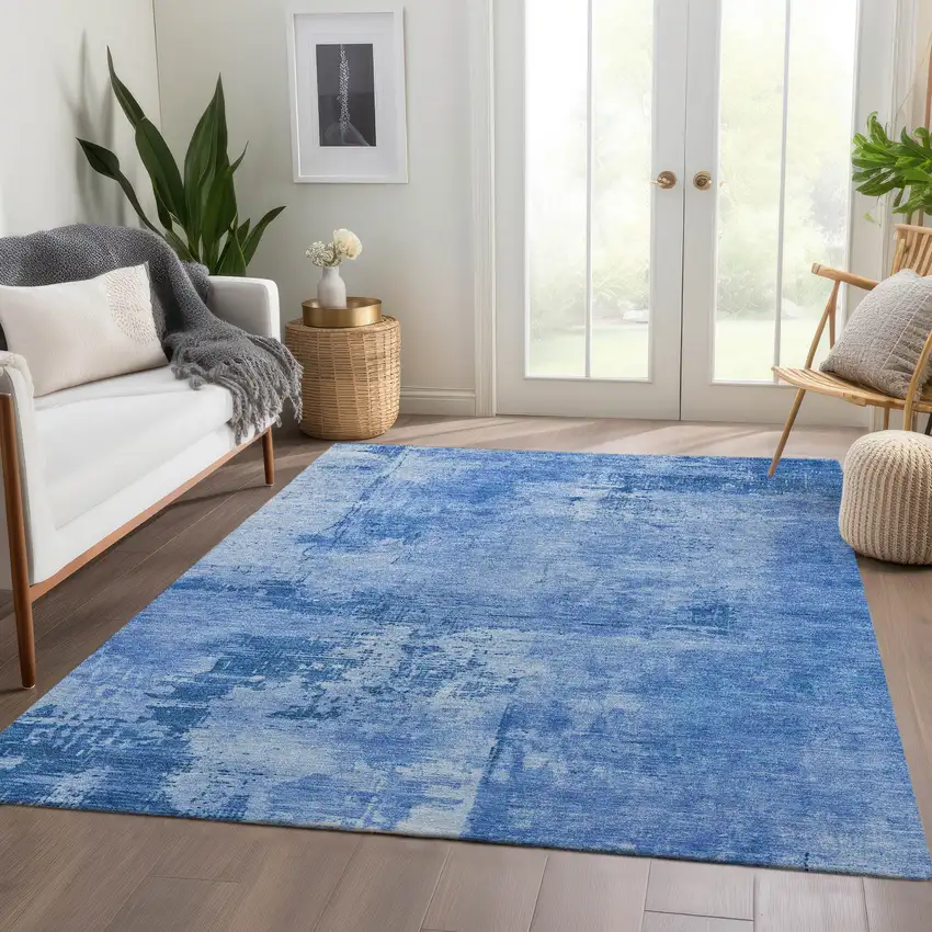 Navy Blue And Sky Blue Abstract Washable Area Rug With UV Protection Photo 5