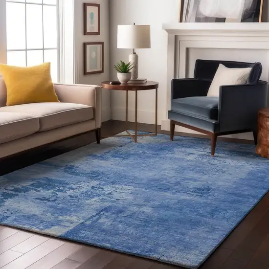Navy Blue And Sky Blue Abstract Washable Area Rug With UV Protection Photo 4