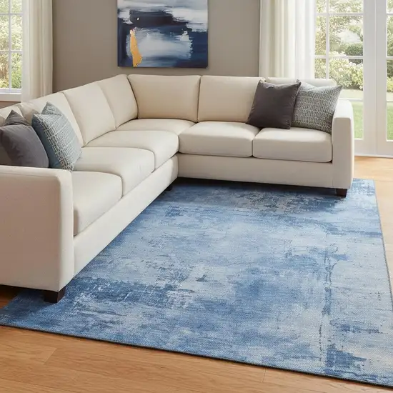 Navy Blue And Sky Blue Abstract Washable Area Rug With UV Protection Photo 2