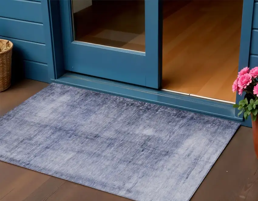 Navy Blue And Sky Blue Abstract Washable Indoor Outdoor Area Rug Photo 1