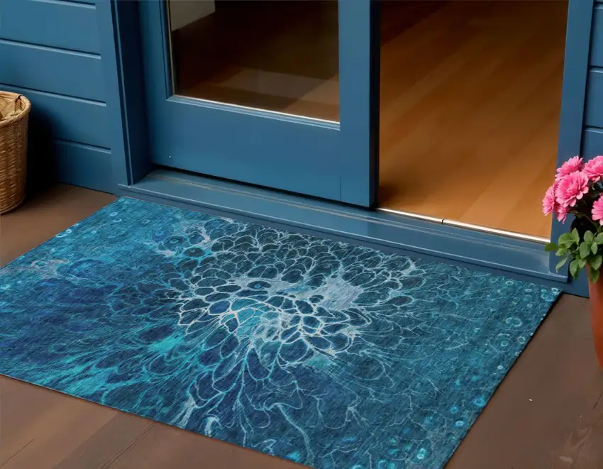 Navy Blue And Sky Blue Abstract Washable Indoor Outdoor Area Rug Photo 1