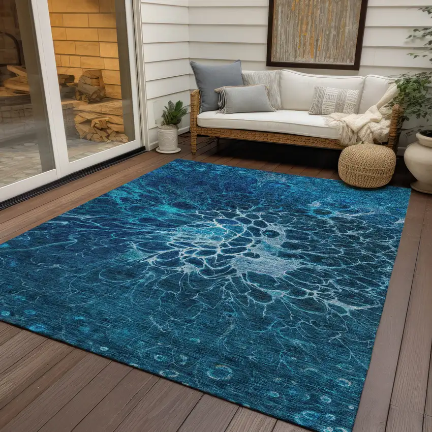 Navy Blue And Sky Blue Abstract Washable Indoor Outdoor Area Rug Photo 9