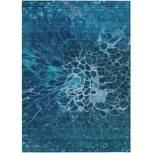 Photo of Navy Blue And Sky Blue Abstract Washable Indoor Outdoor Area Rug