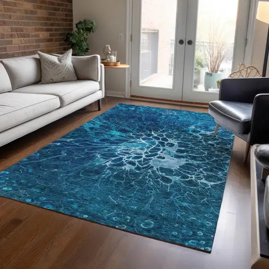 Navy Blue And Sky Blue Abstract Washable Indoor Outdoor Area Rug Photo 7