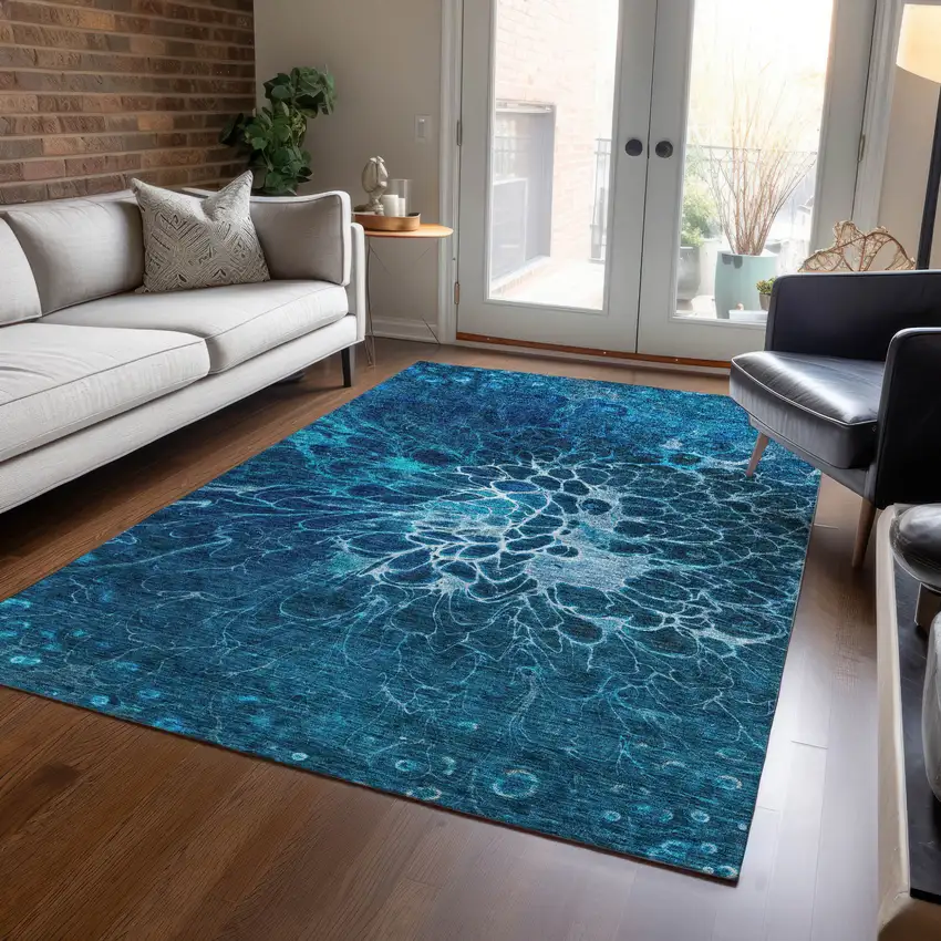 Navy Blue And Sky Blue Abstract Washable Indoor Outdoor Area Rug Photo 7