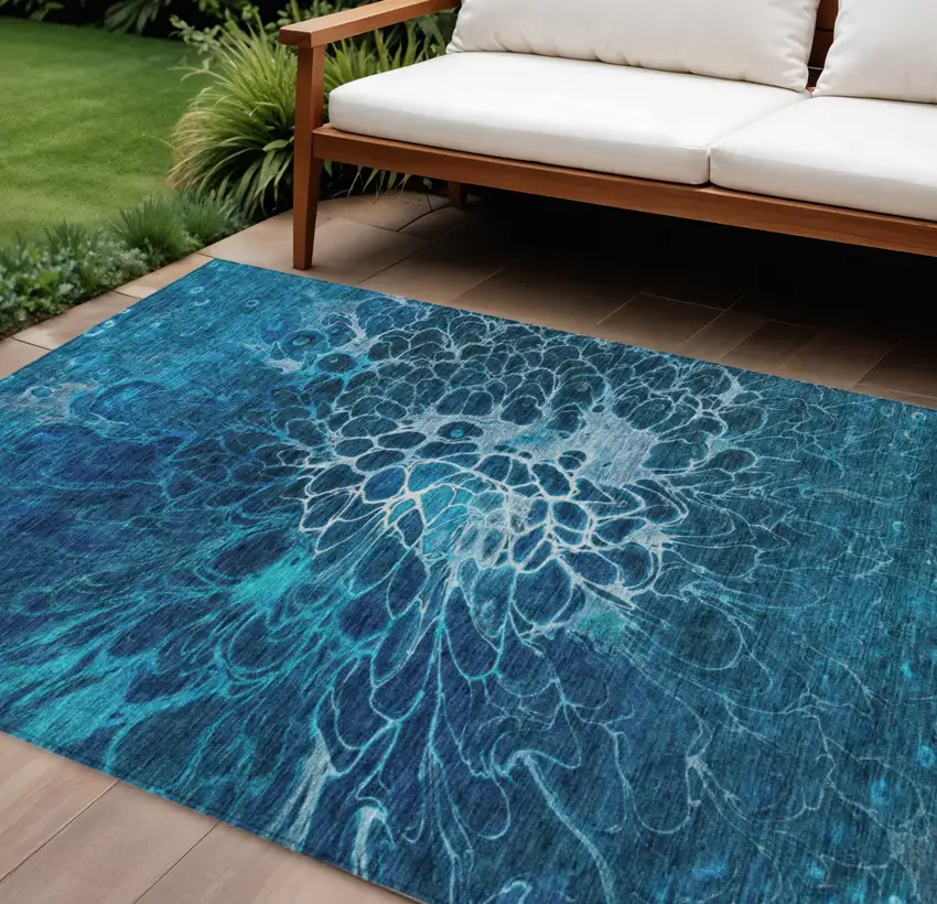 Navy Blue And Sky Blue Abstract Washable Indoor Outdoor Area Rug Photo 1