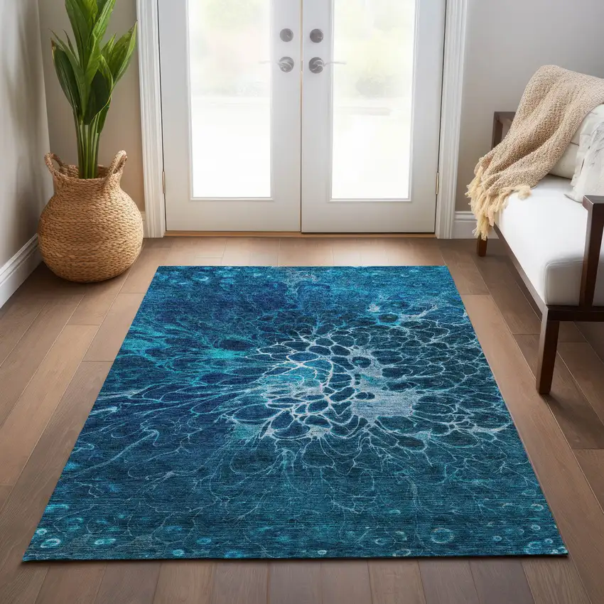 Navy Blue And Sky Blue Abstract Washable Indoor Outdoor Area Rug Photo 9