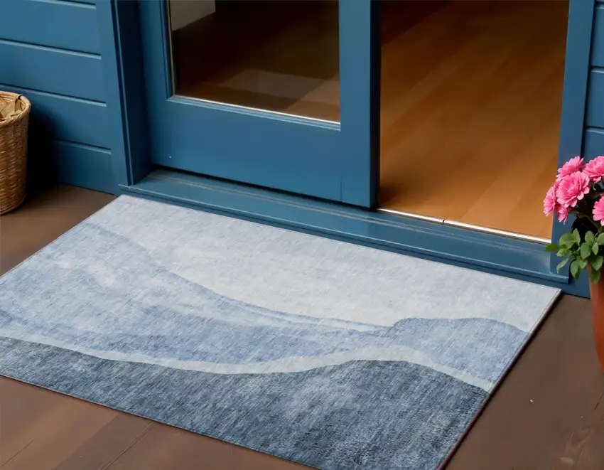 Navy Blue And Sky Blue Abstract Washable Indoor Outdoor Area Rug Photo 1