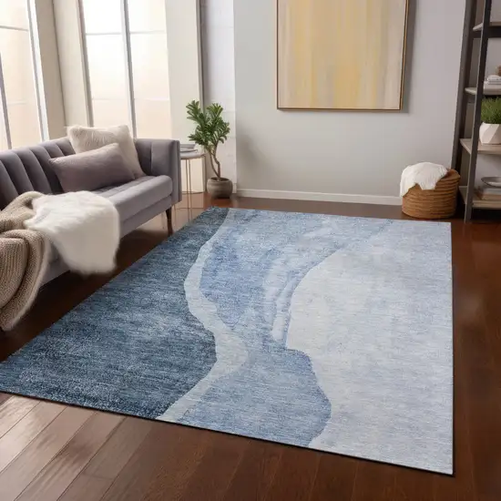 Navy Blue And Sky Blue Abstract Washable Indoor Outdoor Area Rug Photo 8