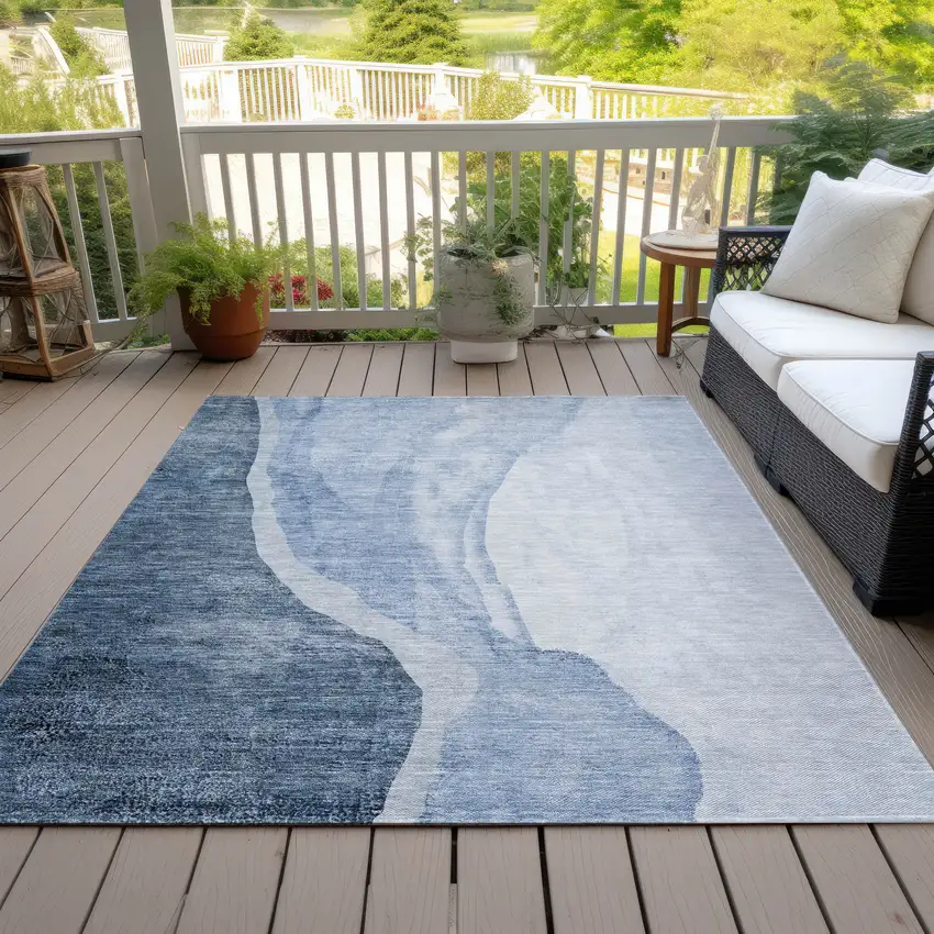 Navy Blue And Sky Blue Abstract Washable Indoor Outdoor Area Rug Photo 7