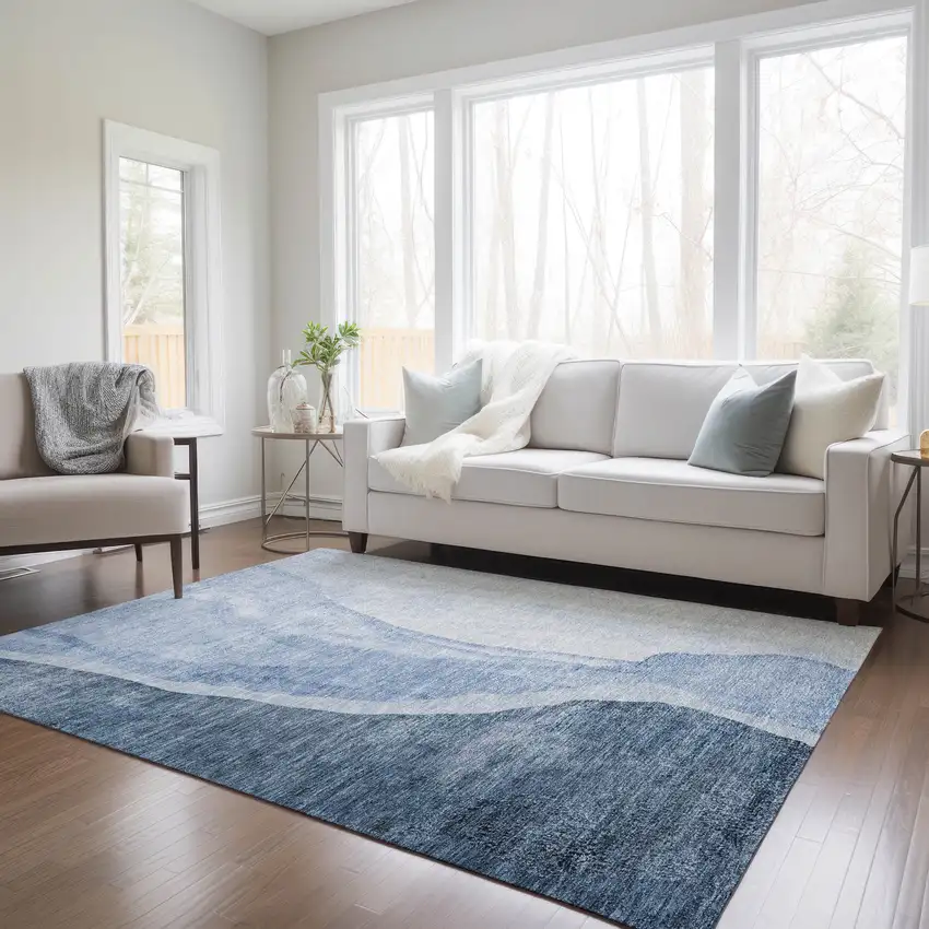 Navy Blue And Sky Blue Abstract Washable Indoor Outdoor Area Rug Photo 9