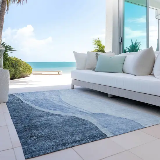 Navy Blue And Sky Blue Abstract Washable Indoor Outdoor Area Rug Photo 7