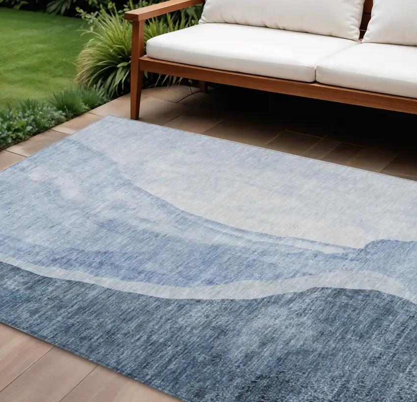 Navy Blue And Sky Blue Abstract Washable Indoor Outdoor Area Rug Photo 1
