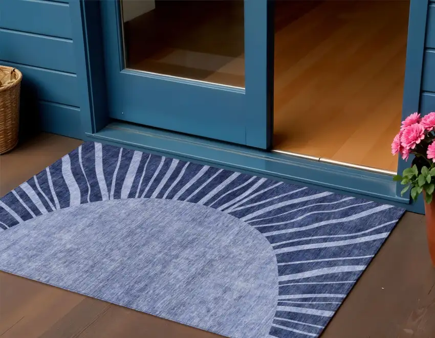 Navy Blue And Sky Blue Abstract Washable Indoor Outdoor Area Rug Photo 1