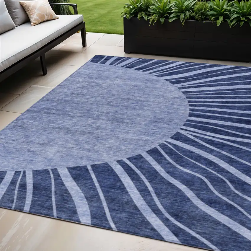 Navy Blue And Sky Blue Abstract Washable Indoor Outdoor Area Rug Photo 1