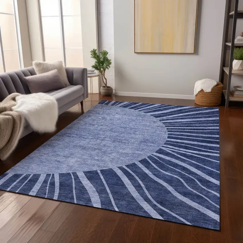 Navy Blue And Sky Blue Abstract Washable Indoor Outdoor Area Rug Photo 9