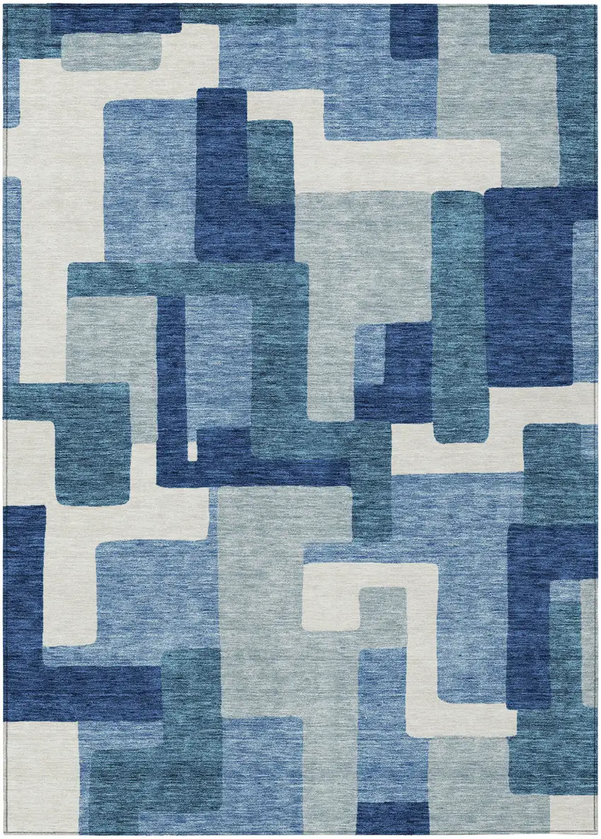 Navy Blue And Sky Blue Abstract Washable Indoor Outdoor Area Rug Photo 1