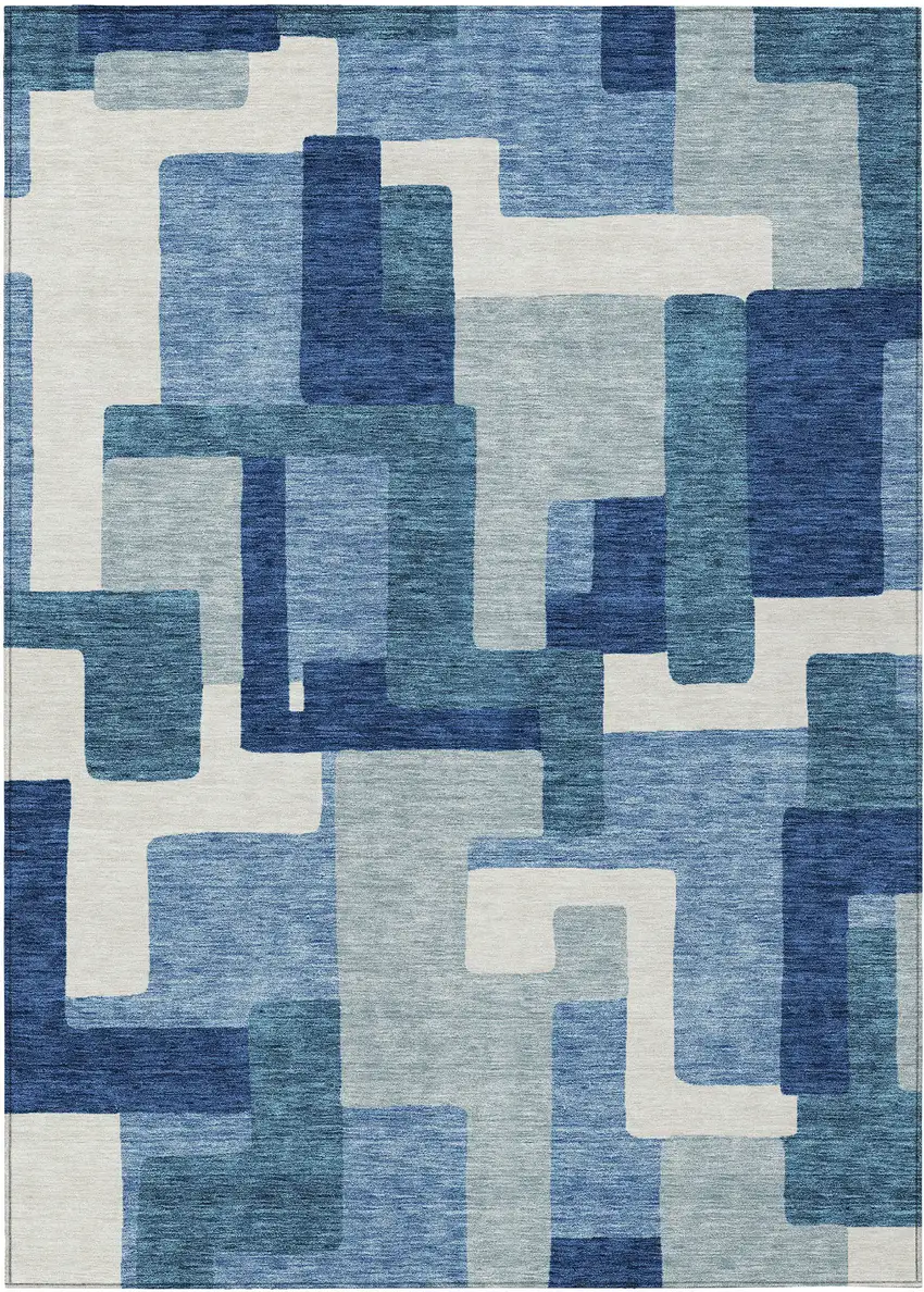 Navy Blue And Sky Blue Abstract Washable Indoor Outdoor Area Rug Photo 1