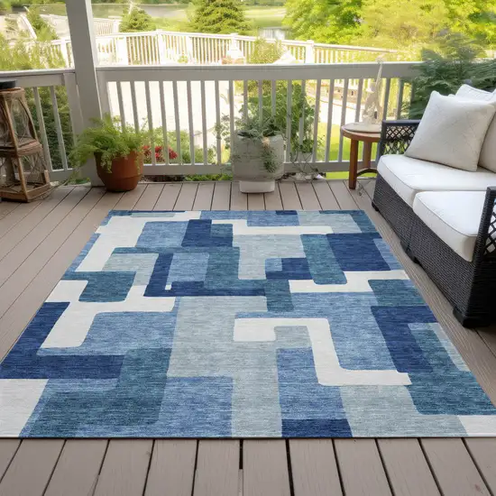 Navy Blue And Sky Blue Abstract Washable Indoor Outdoor Area Rug Photo 6