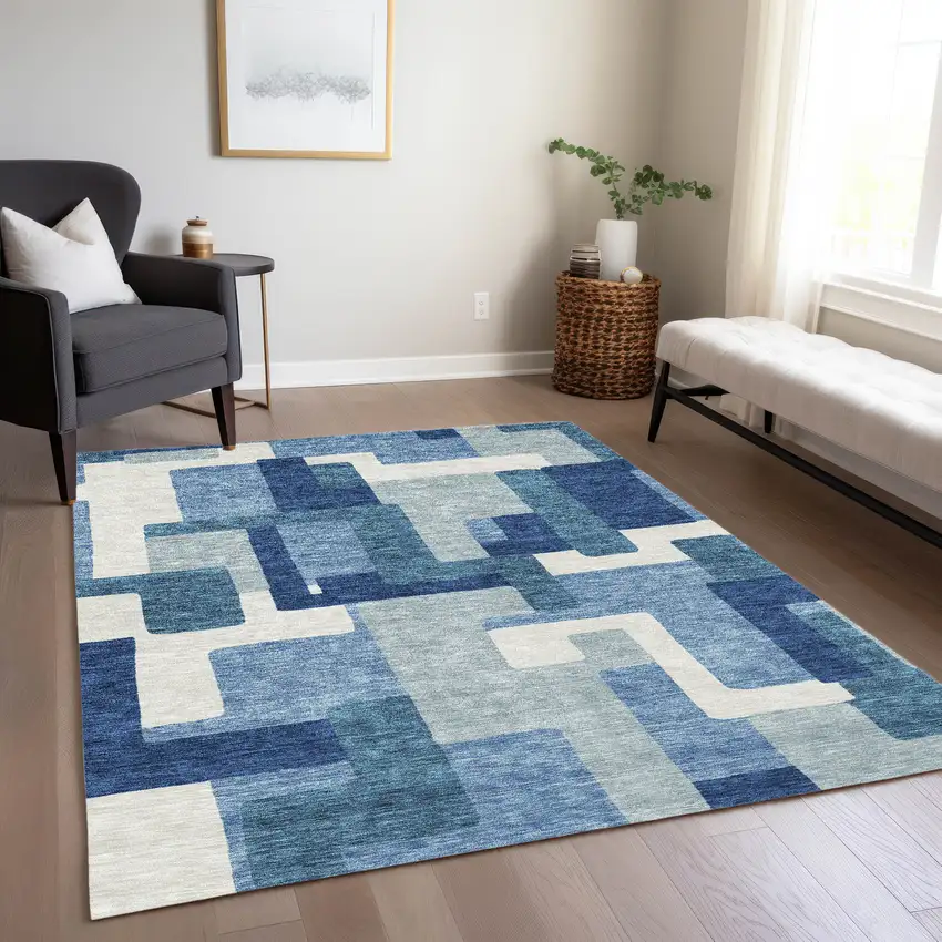 Navy Blue And Sky Blue Abstract Washable Indoor Outdoor Area Rug Photo 8