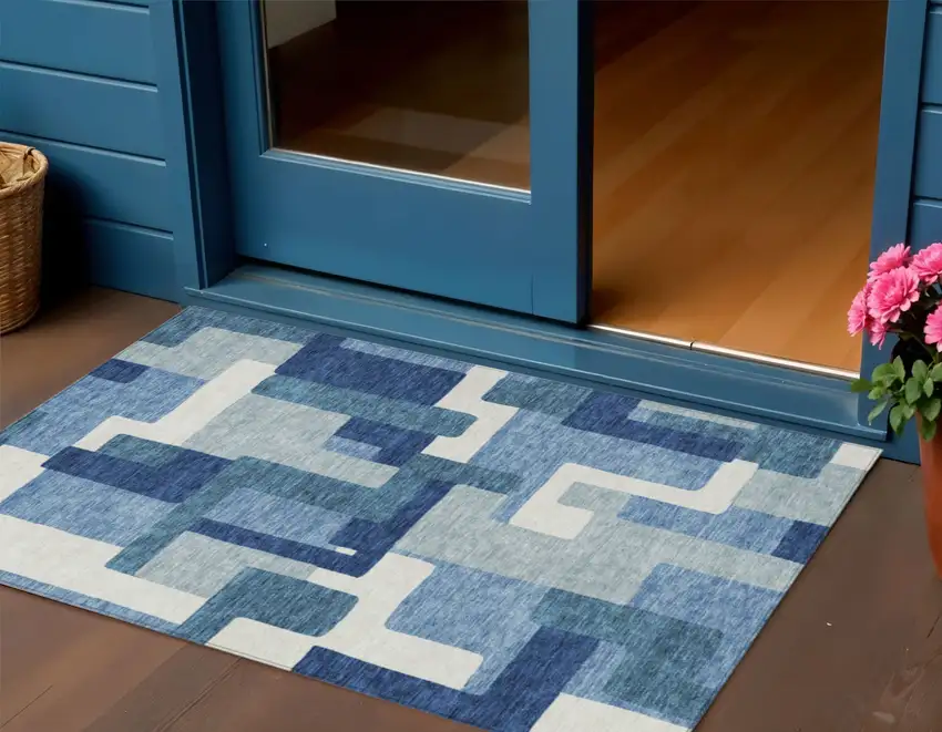 Navy Blue And Sky Blue Abstract Washable Indoor Outdoor Area Rug Photo 1