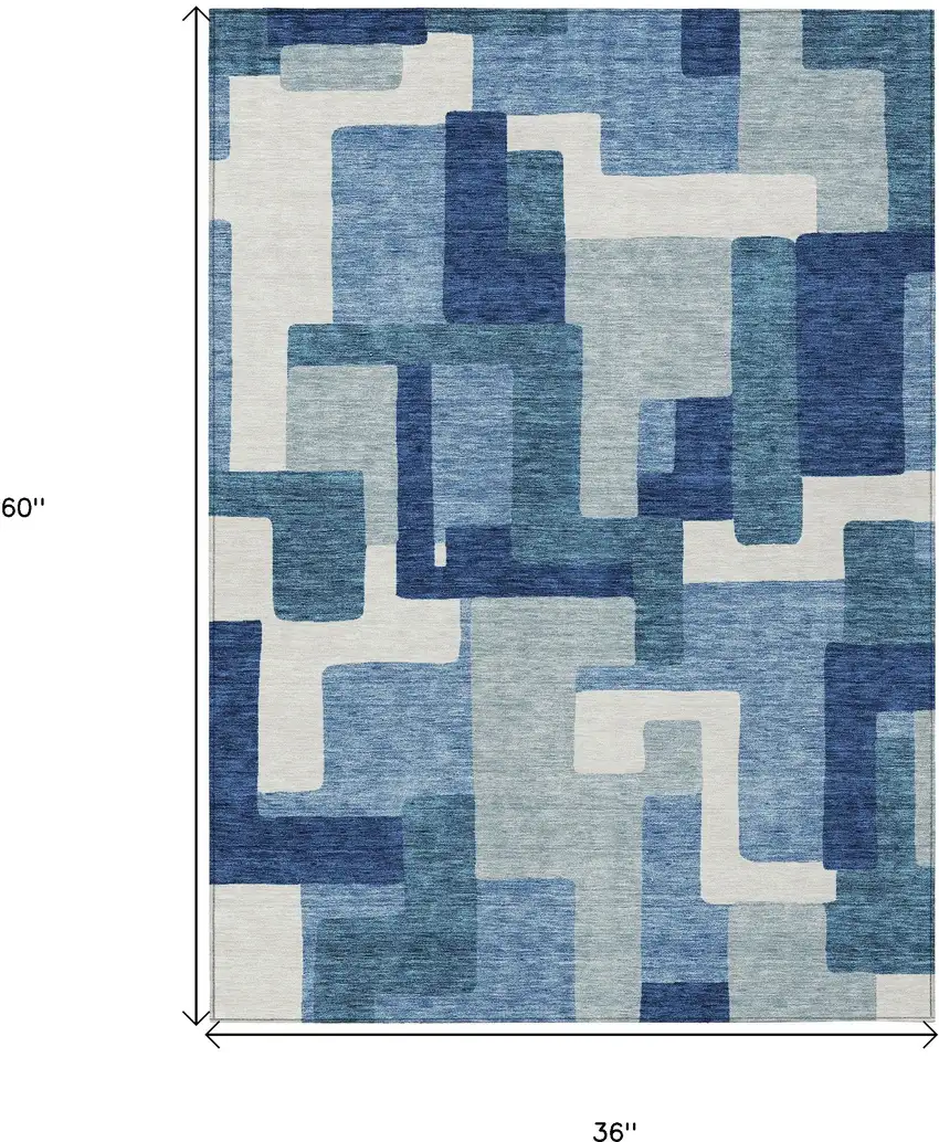 Navy Blue And Sky Blue Abstract Washable Indoor Outdoor Area Rug Photo 3