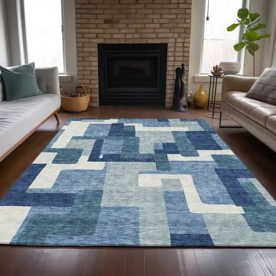 Navy Blue And Sky Blue Abstract Washable Indoor Outdoor Area Rug Photo 7
