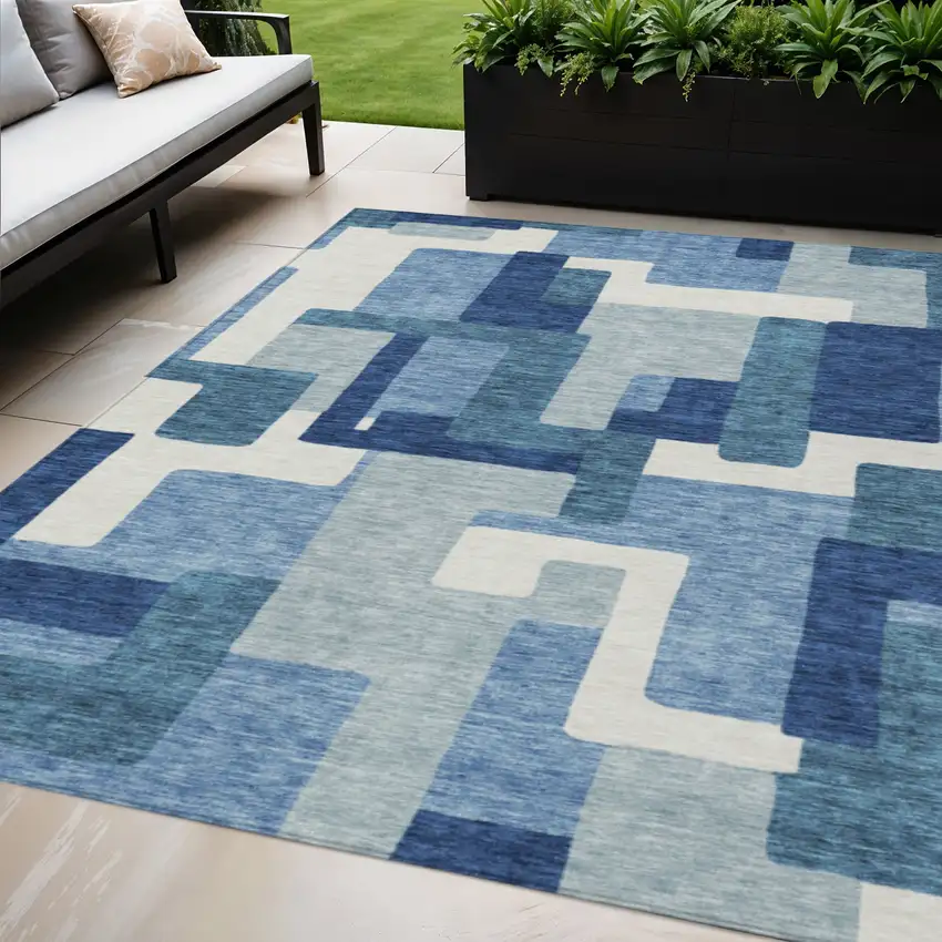 Navy Blue And Sky Blue Abstract Washable Indoor Outdoor Area Rug Photo 1