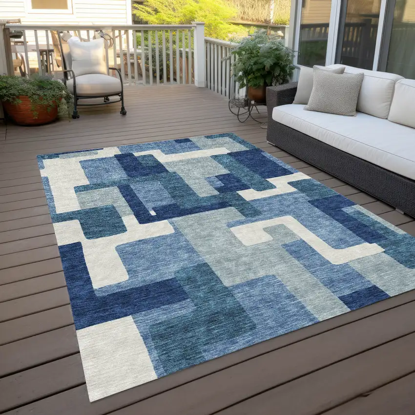 Navy Blue And Sky Blue Abstract Washable Indoor Outdoor Area Rug Photo 9