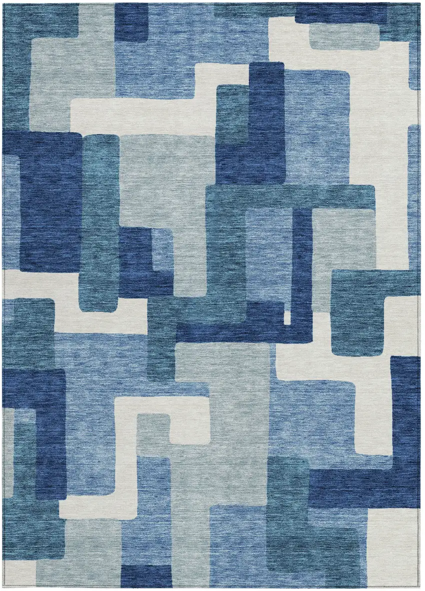 Navy Blue And Sky Blue Abstract Washable Indoor Outdoor Area Rug Photo 6