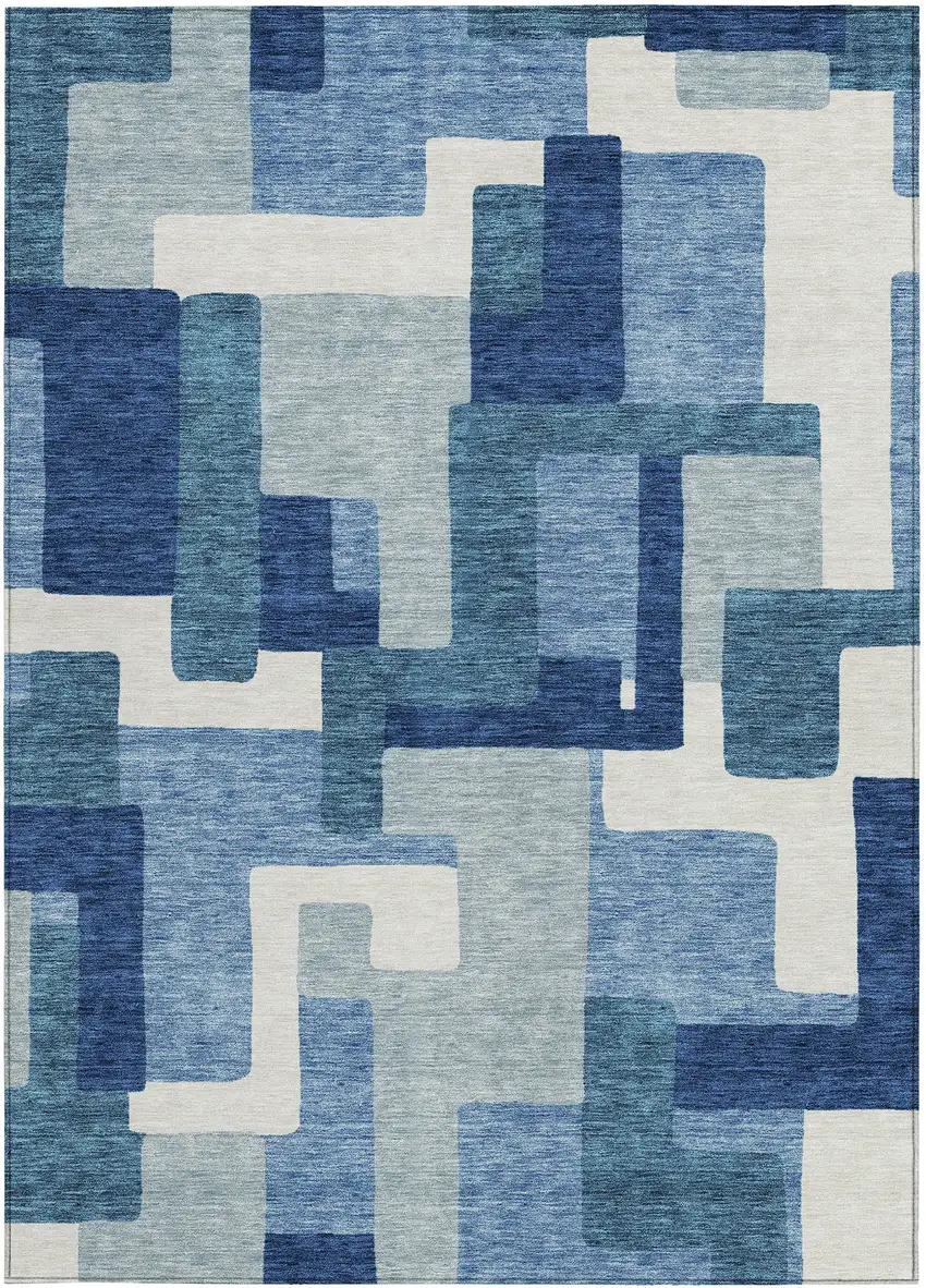 Navy Blue And Sky Blue Abstract Washable Indoor Outdoor Area Rug Photo 6