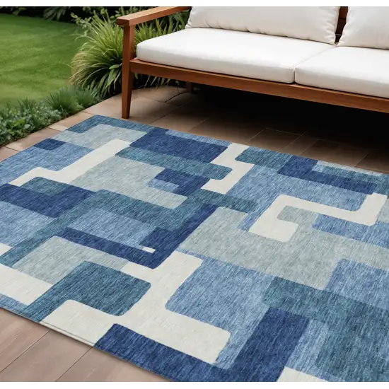 Navy Blue And Sky Blue Abstract Washable Indoor Outdoor Area Rug Photo 1