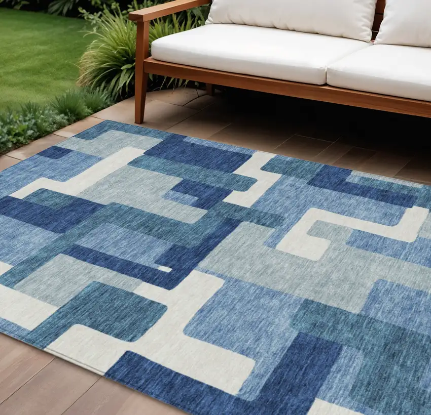 Navy Blue And Sky Blue Abstract Washable Indoor Outdoor Area Rug Photo 1