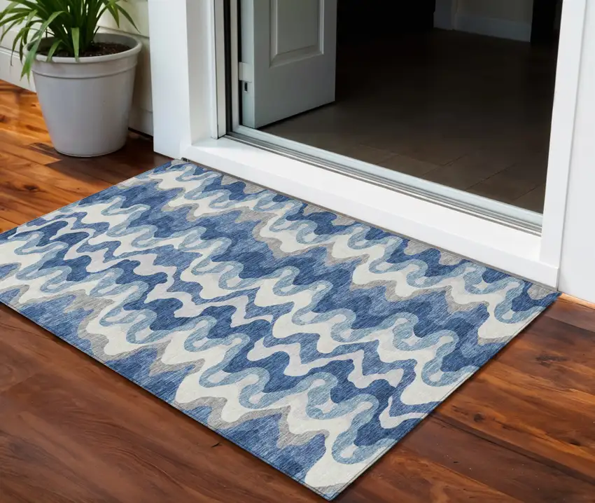 Navy Blue And Sky Blue Abstract Washable Indoor Outdoor Area Rug Photo 1
