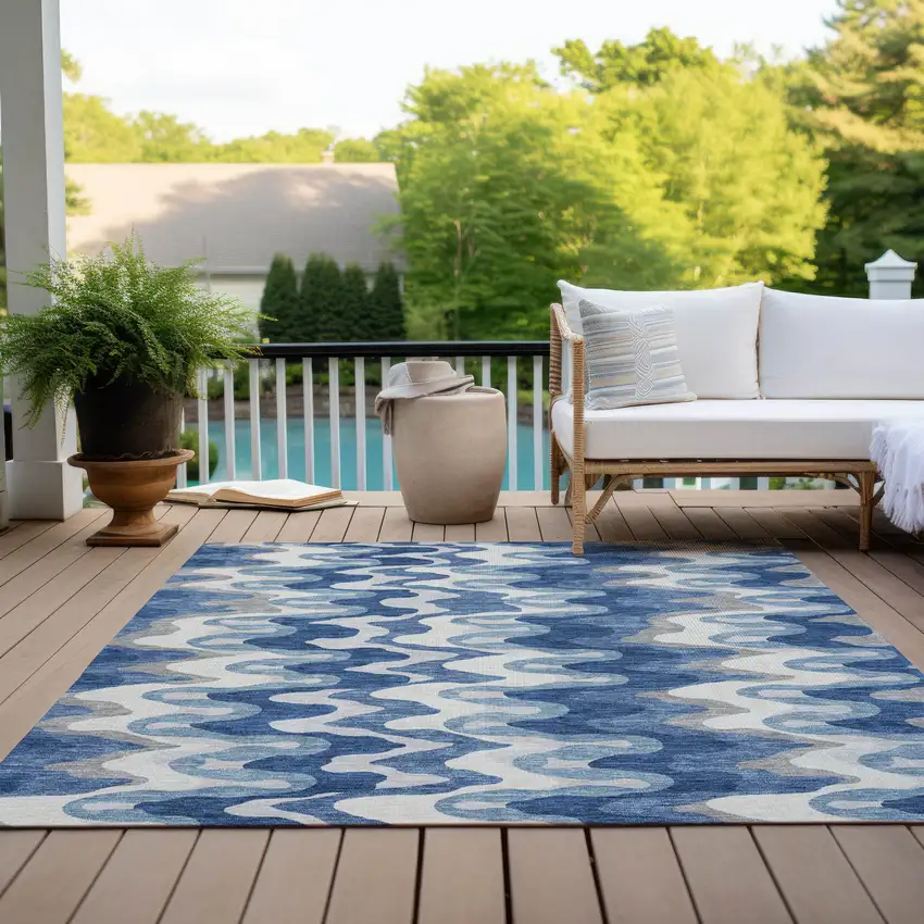 Navy Blue And Sky Blue Abstract Washable Indoor Outdoor Area Rug Photo 8