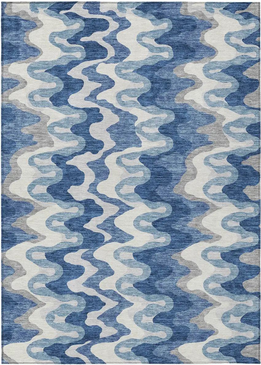 Navy Blue And Sky Blue Abstract Washable Indoor Outdoor Area Rug Photo 1