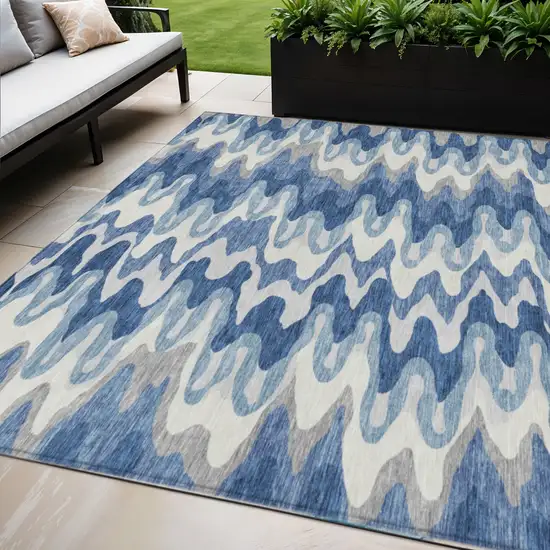 Navy Blue And Sky Blue Abstract Washable Indoor Outdoor Area Rug Photo 1