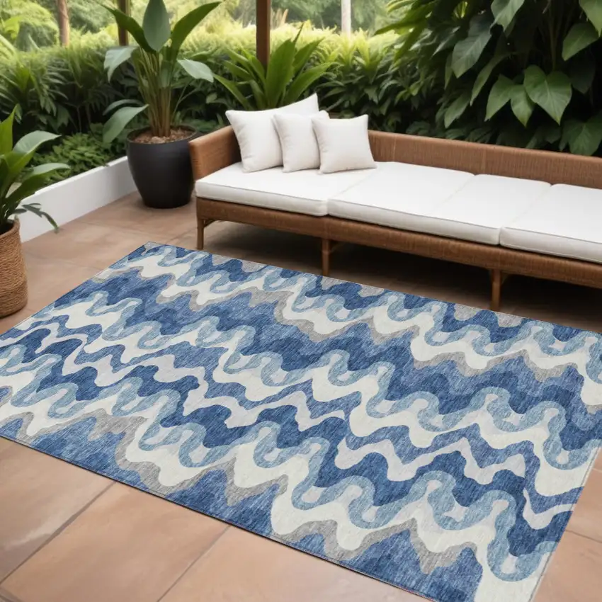 Navy Blue And Sky Blue Abstract Washable Indoor Outdoor Area Rug Photo 1