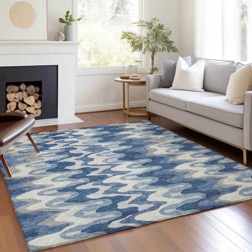 Navy Blue And Sky Blue Abstract Washable Indoor Outdoor Area Rug Photo 6