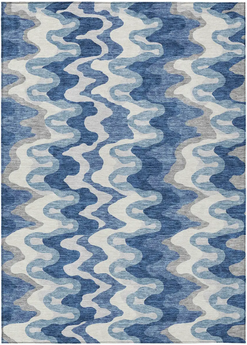 Navy Blue And Sky Blue Abstract Washable Indoor Outdoor Area Rug Photo 1