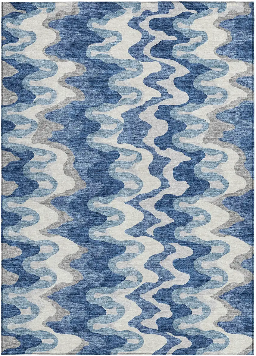 Navy Blue And Sky Blue Abstract Washable Indoor Outdoor Area Rug Photo 4