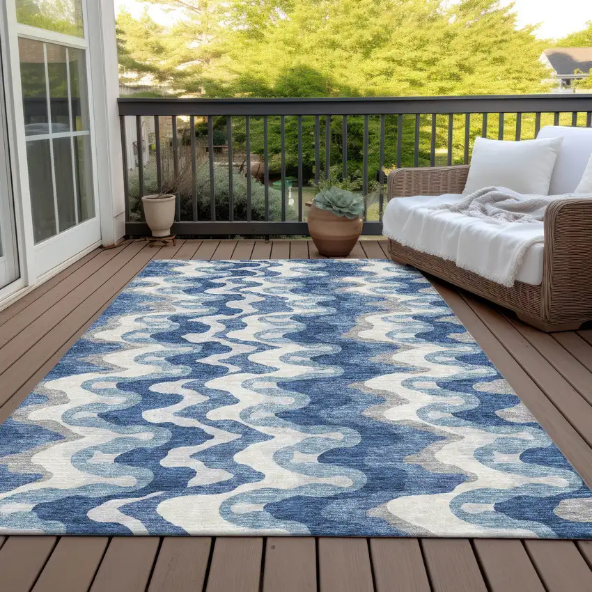 Navy Blue And Sky Blue Abstract Washable Indoor Outdoor Area Rug Photo 5