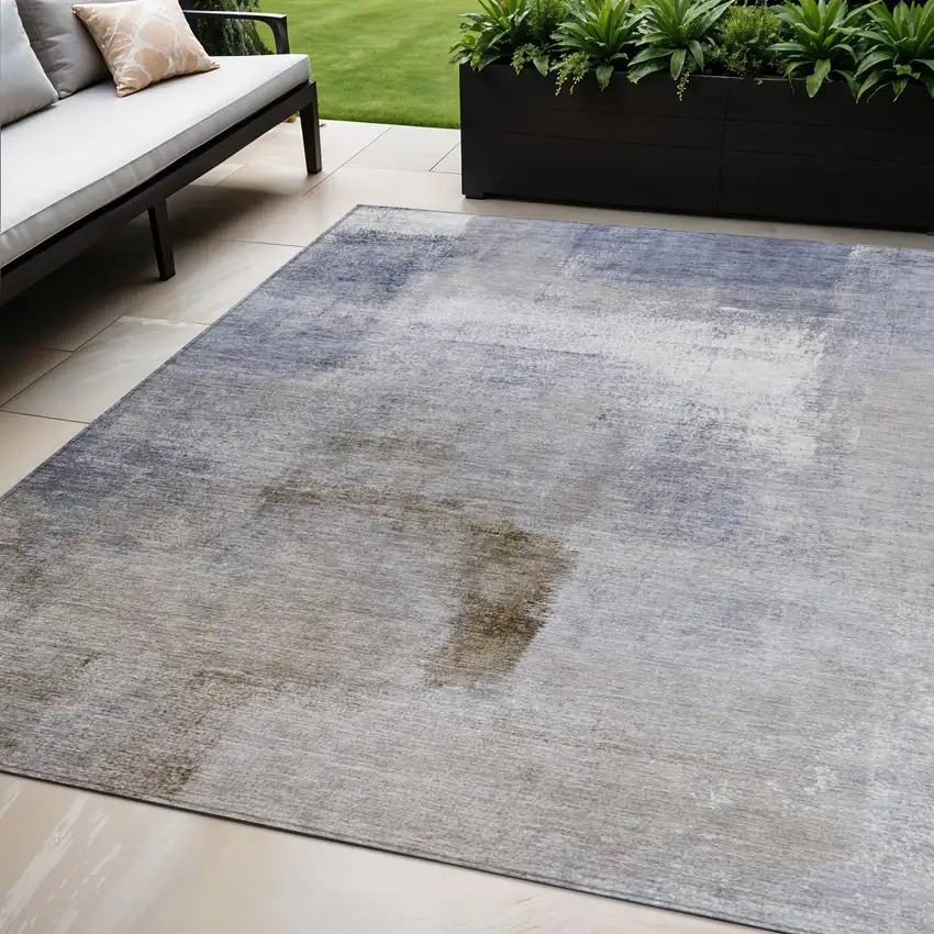 Navy Blue And Sky Blue Abstract Washable Indoor Outdoor Area Rug Photo 1