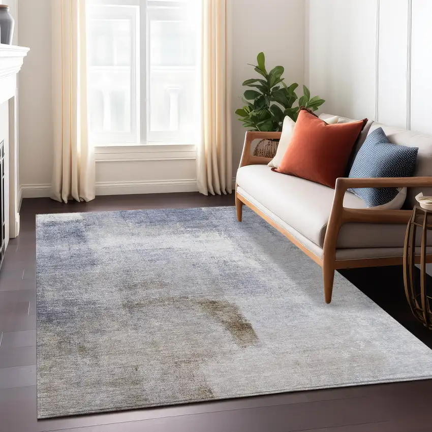 Navy Blue And Sky Blue Abstract Washable Indoor Outdoor Area Rug Photo 9