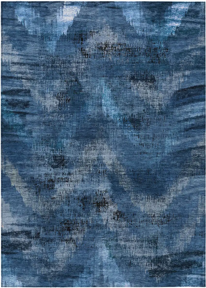 Navy Blue And Sky Blue Abstract Washable Indoor Outdoor Area Rug Photo 2