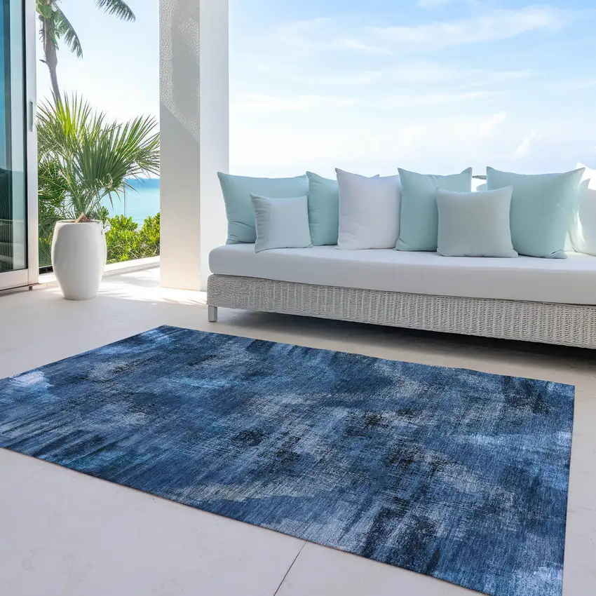 Navy Blue And Sky Blue Abstract Washable Indoor Outdoor Area Rug Photo 7