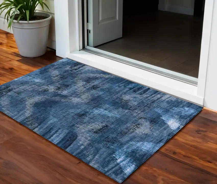 Navy Blue And Sky Blue Abstract Washable Indoor Outdoor Area Rug Photo 1