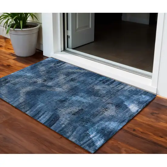 Navy Blue And Sky Blue Abstract Washable Indoor Outdoor Area Rug Photo 1